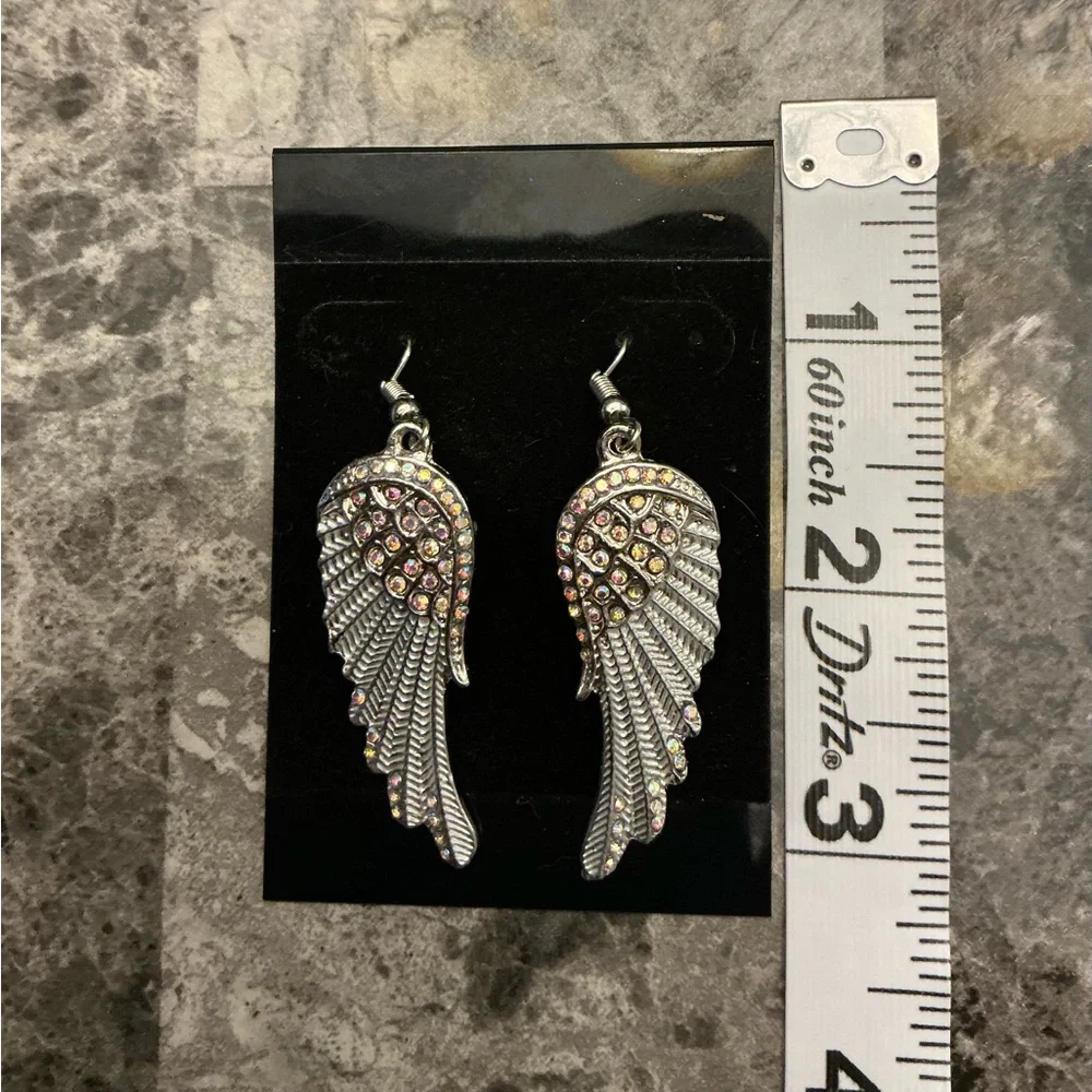 Whimsigoth Angel Fairy Wing Earrings Silvertone Iridescent Biker Rodeo Festival